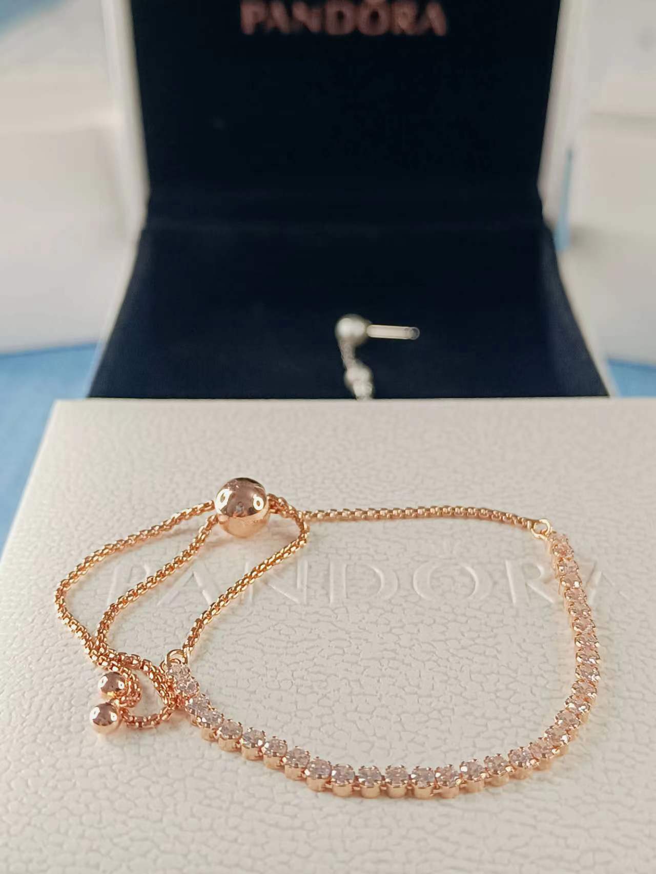 Sparkling Slider Tennis Bracelet Rose gold plated Adjustable