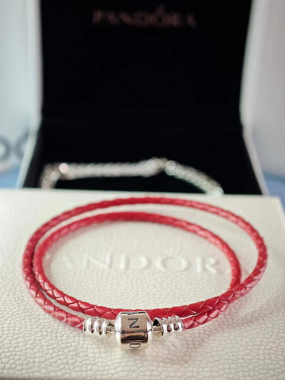 Silver leather bracelet, double, red