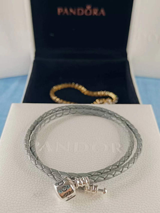 Double Silver-Grey Leather Bracelet