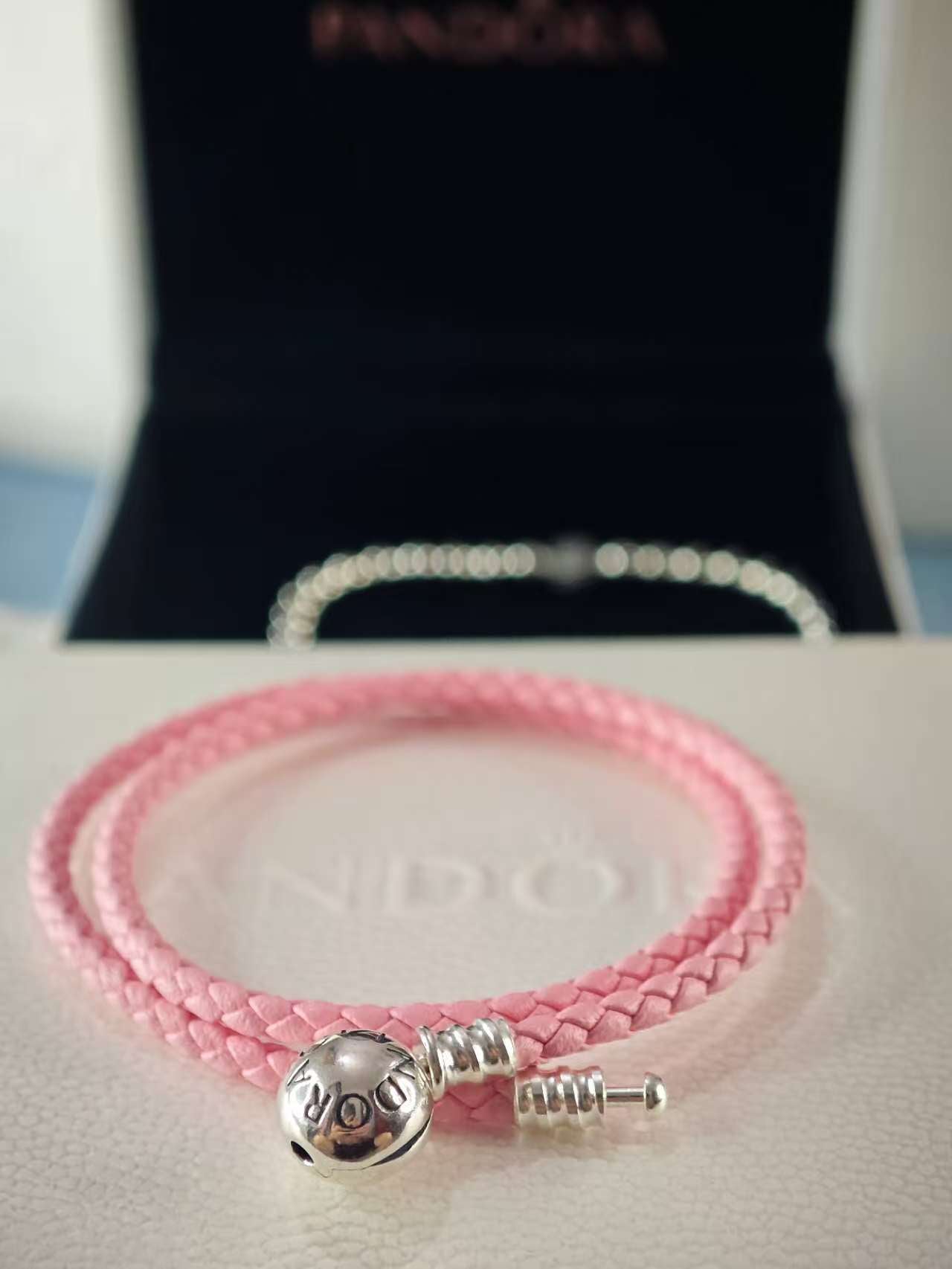 Silver Leather Bracelet, Double, Pink