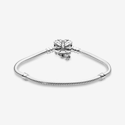 Snake chain silver bracelet and butterfly clasp with clear cubic zirconia