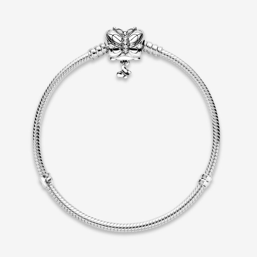 Snake chain silver bracelet and butterfly clasp with clear cubic zirconia