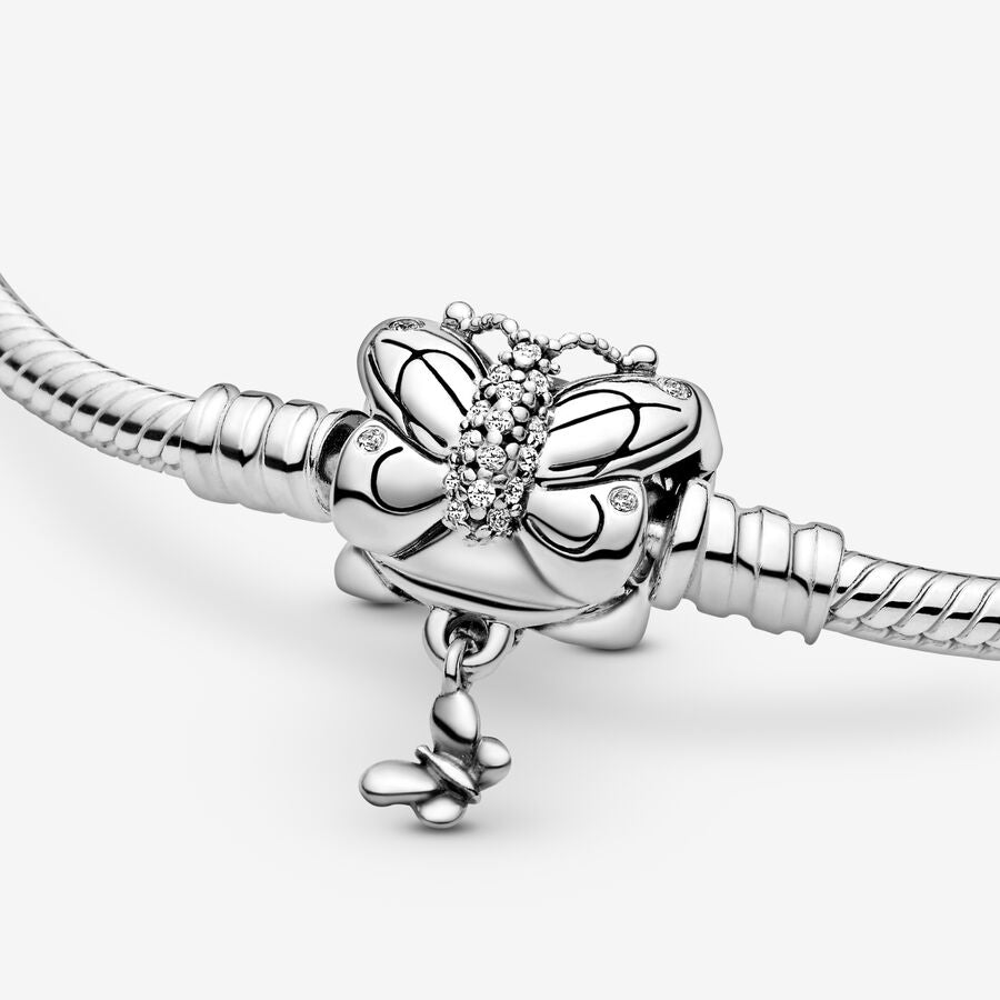Snake chain silver bracelet and butterfly clasp with clear cubic zirconia