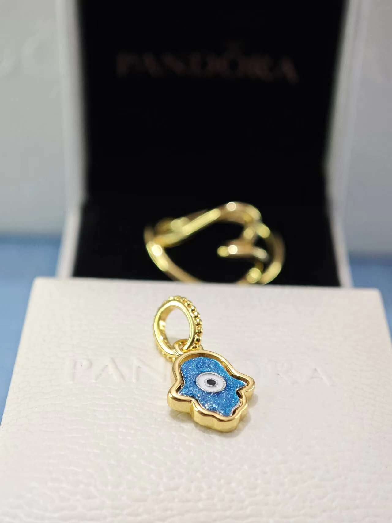 Gold Opalescent Blue Hamsa Hand Dangle Charm