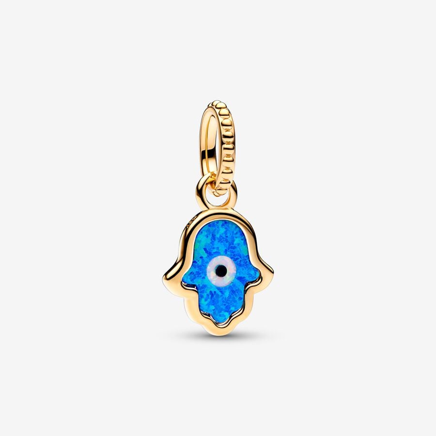 Gold Opalescent Blue Hamsa Hand Dangle Charm