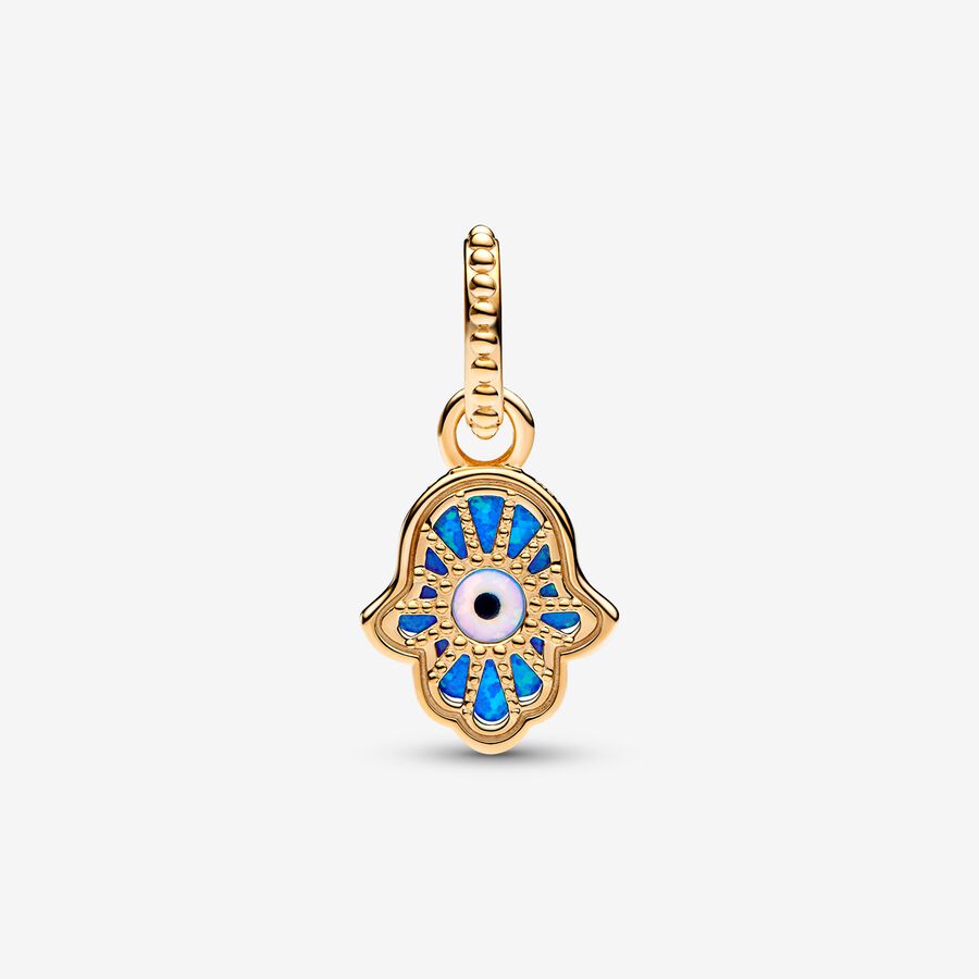 Gold Opalescent Blue Hamsa Hand Dangle Charm