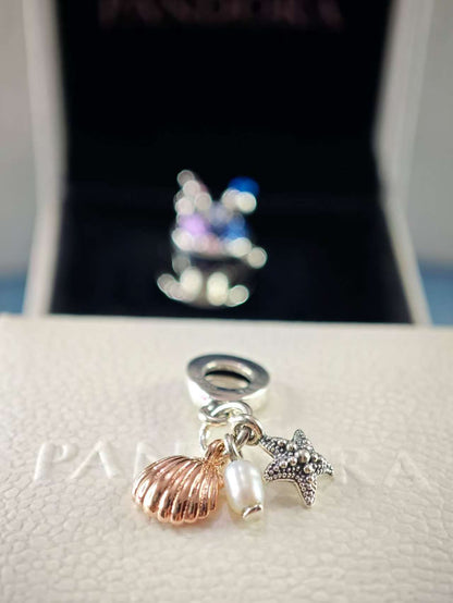 Treated Freshwater Cultured Pearl, Starfish & Shell Triple Dangle Charm