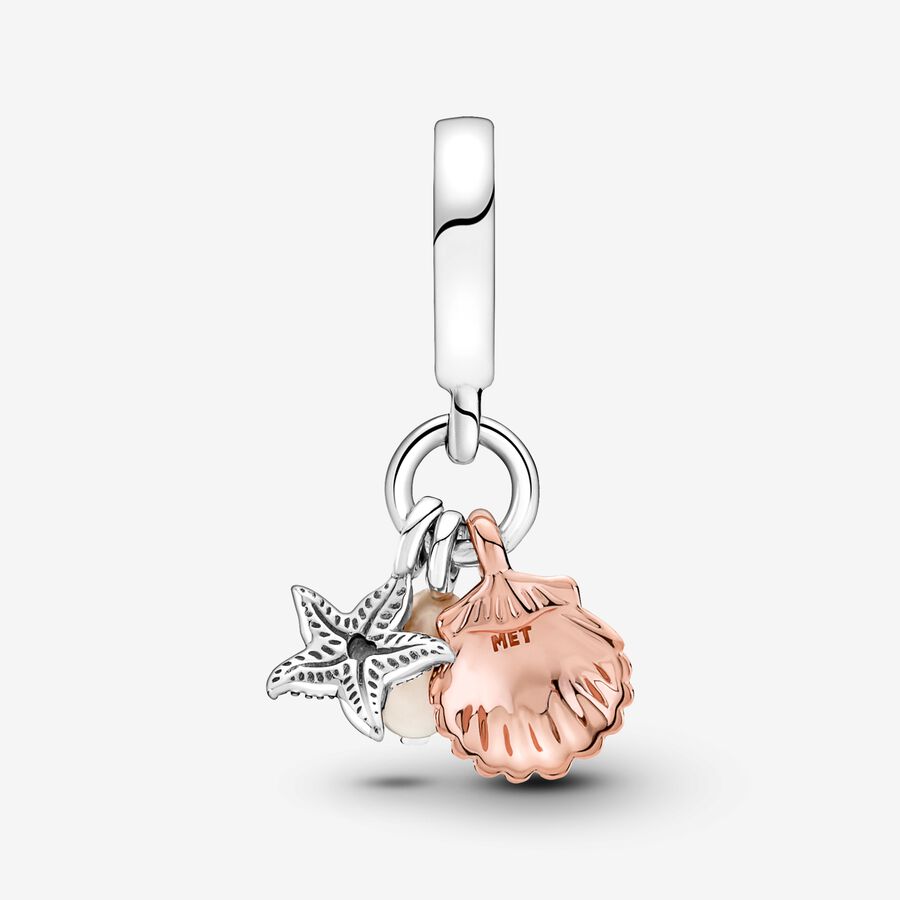 Treated Freshwater Cultured Pearl, Starfish & Shell Triple Dangle Charm