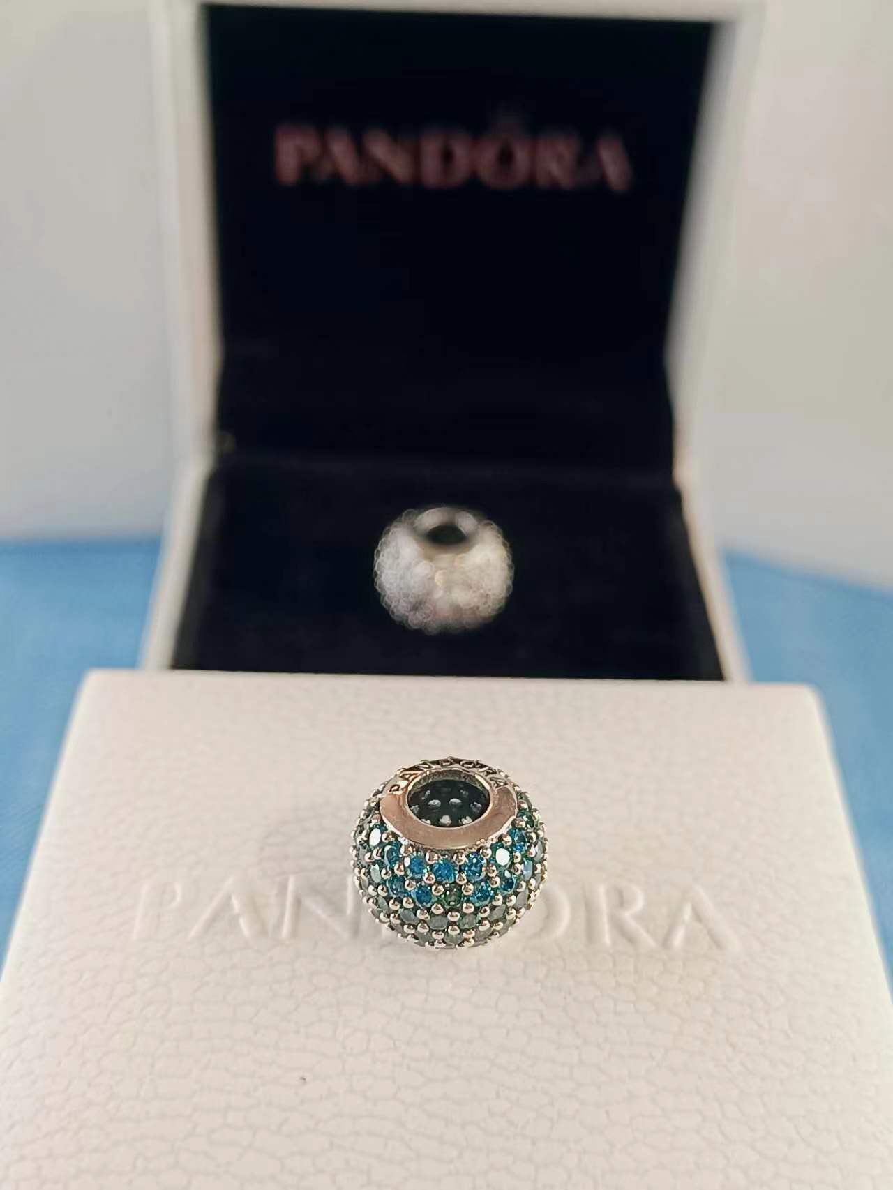 Abstract Pave Silver Charm With Teal Cubic Zirconia 