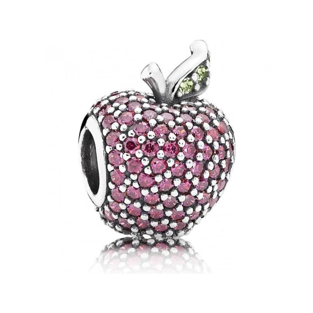 Red Pave Apple Silver Charm with Green Crystals