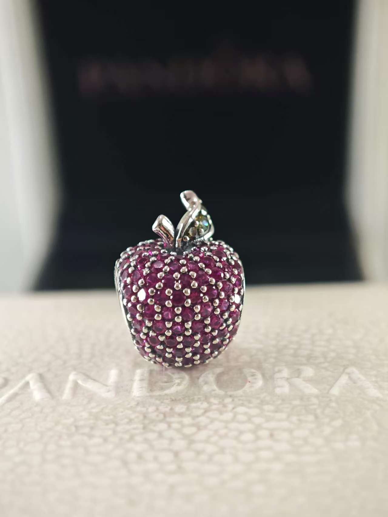 Red Pave Apple Silver Charm with Green Crystals