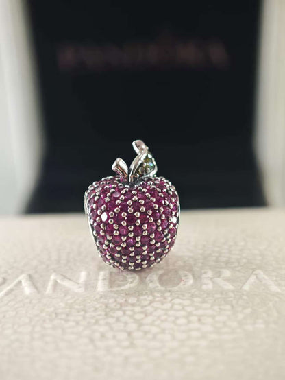 Red Pave Apple Silver Charm with Green Crystals