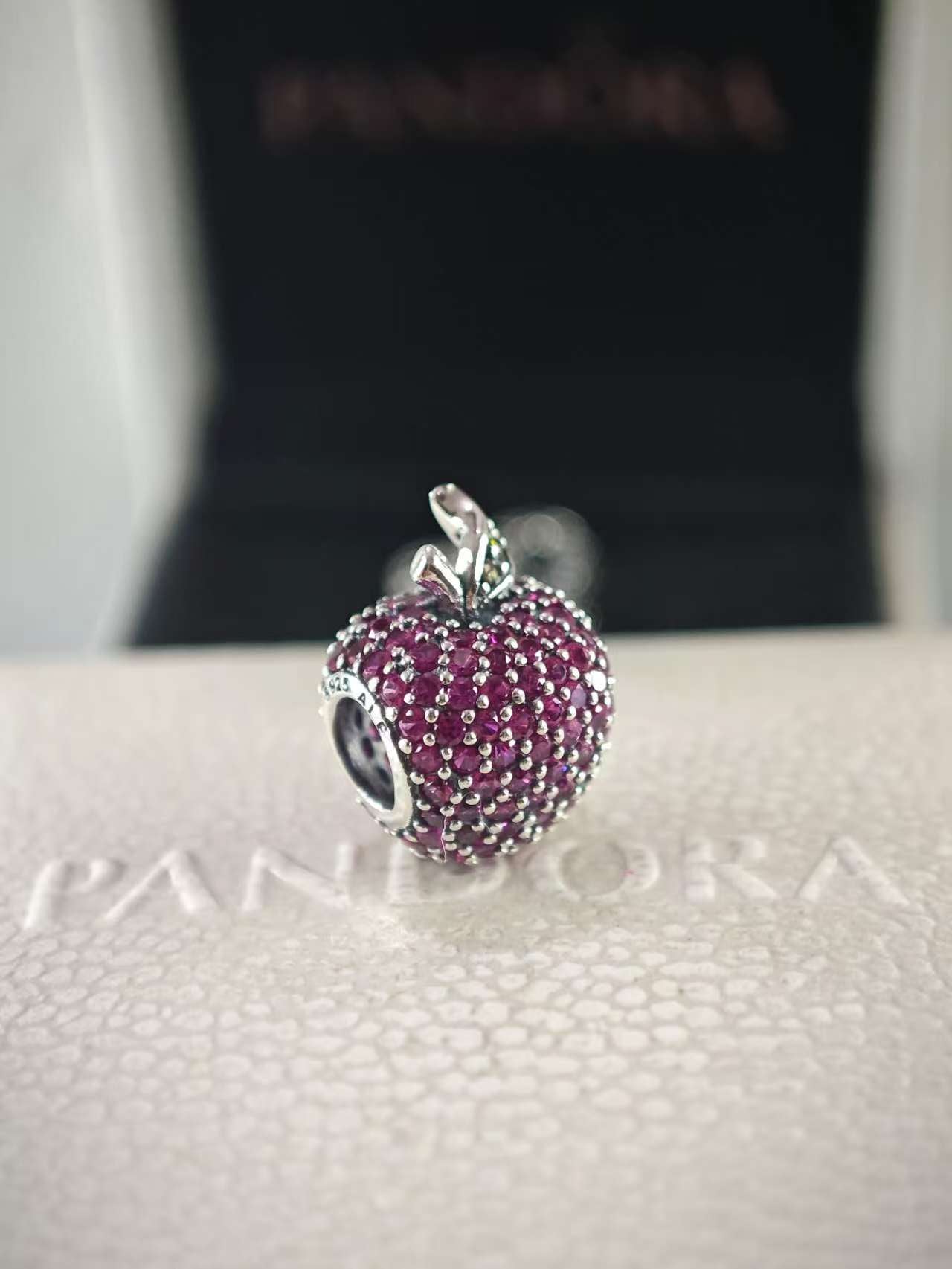 Red Pave Apple Silver Charm with Green Crystals