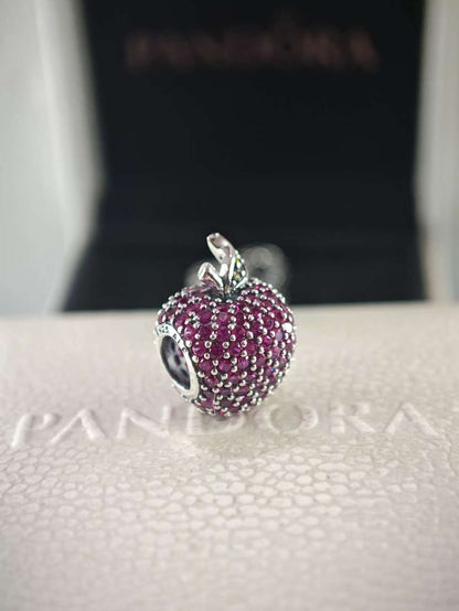 Red Pave Apple Silver Charm with Green Crystals