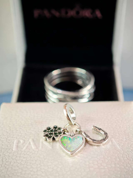 Four Leaf Clover, Heart and Horseshoe Triple Dangle Charm