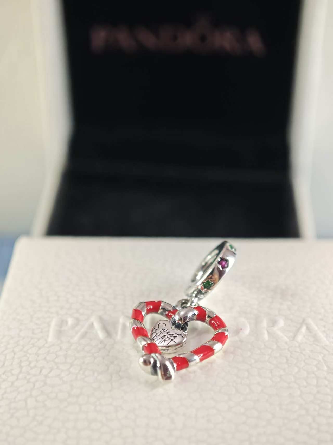 Double Candy Cane Heart Christmas Dangle Charm