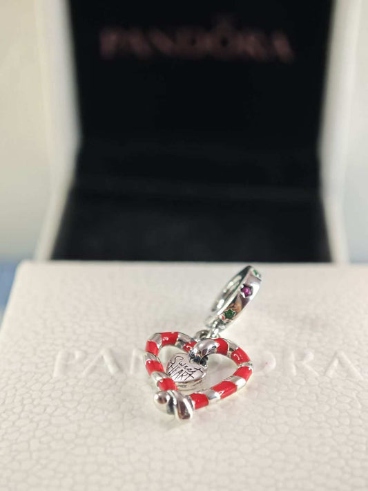 Double Candy Cane Heart Christmas Dangle Charm