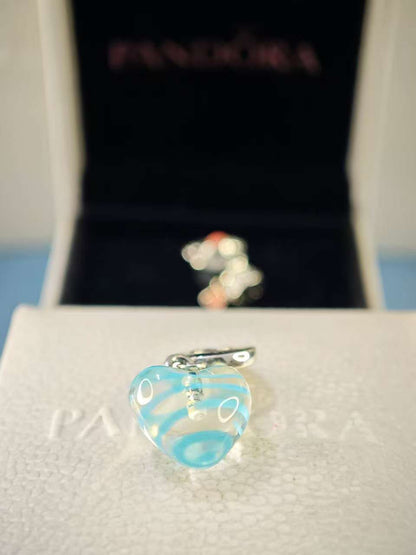 Blue Ribbon Heart Dangle Murano Glass Charm
