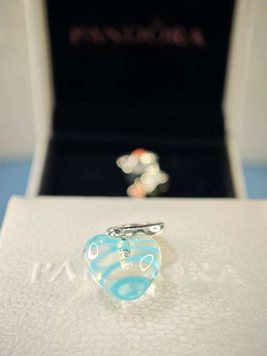 Blue Ribbon Heart Dangle Murano Glass Charm