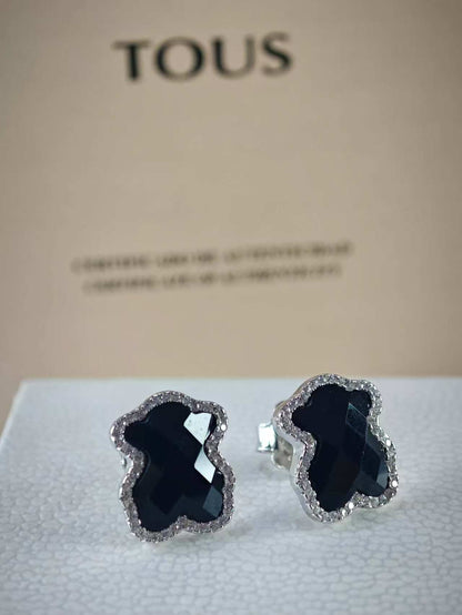 Gold Diamonds Earrings with faceted Onyx Bear motif and diamonds