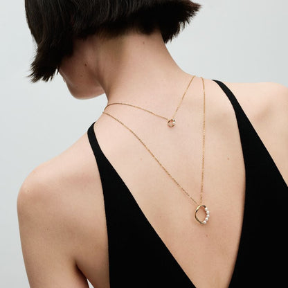 Gold Organically Shaped Pave Circle and Pearl Necklace 45CM