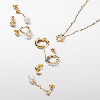 Gold Organically Shaped Pave Circle and Pearl Necklace 45CM