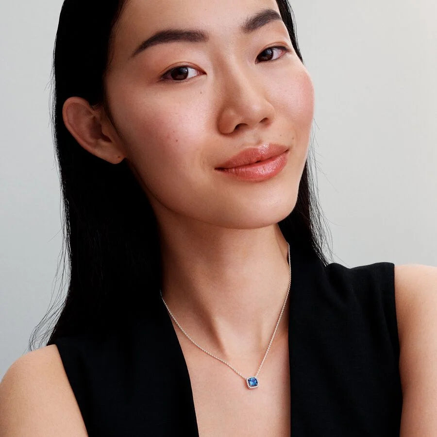 Sparkling Square Blue Halo Pendant Necklace