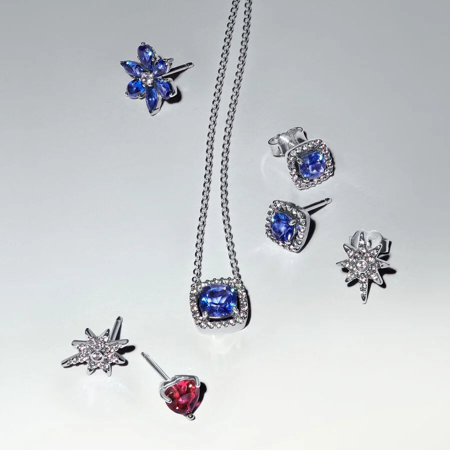 Sparkling Square Blue Halo Pendant Necklace