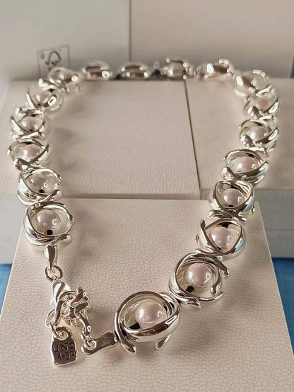 DOUBLE MOON Necklace Silver Plated 19 Pearls 45CM+6CM