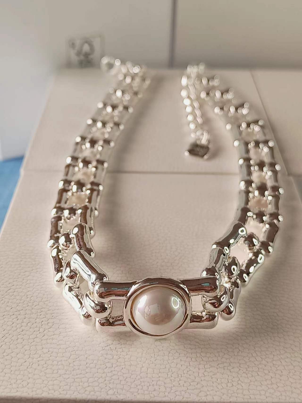 Linda Pearl Necklace Sterling Silver 38CM+6CM