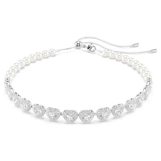 Ariana Grande Tennis Choker, Mixed cuts, Crystal pearl, Heart, White, Rhodium plated
