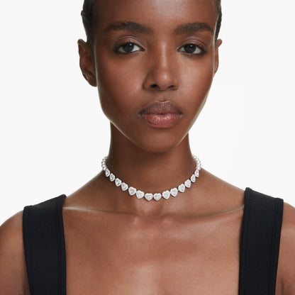 Ariana Grande Tennis Choker, Mixed cuts, Crystal pearl, Heart, White, Rhodium plated