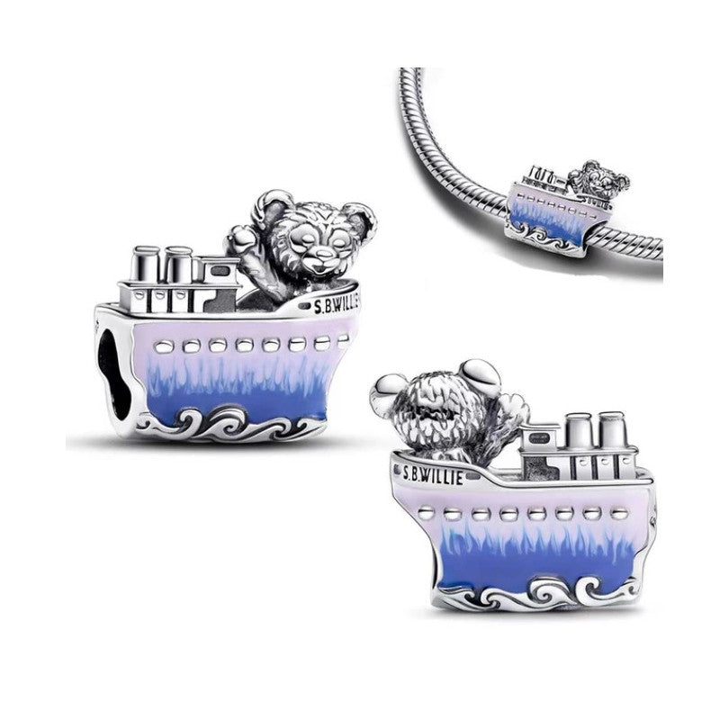 Silver Teddy Bear Blue Boat Charm