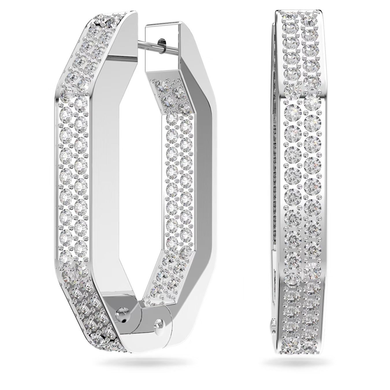 Dextera hoop earrings Octagon shape, Medium, White, Rhodium plated