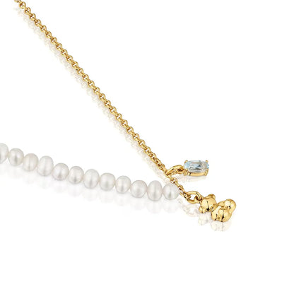Short bear Necklace with gold plating over silver, cultured pearls and topaz Bold Bear