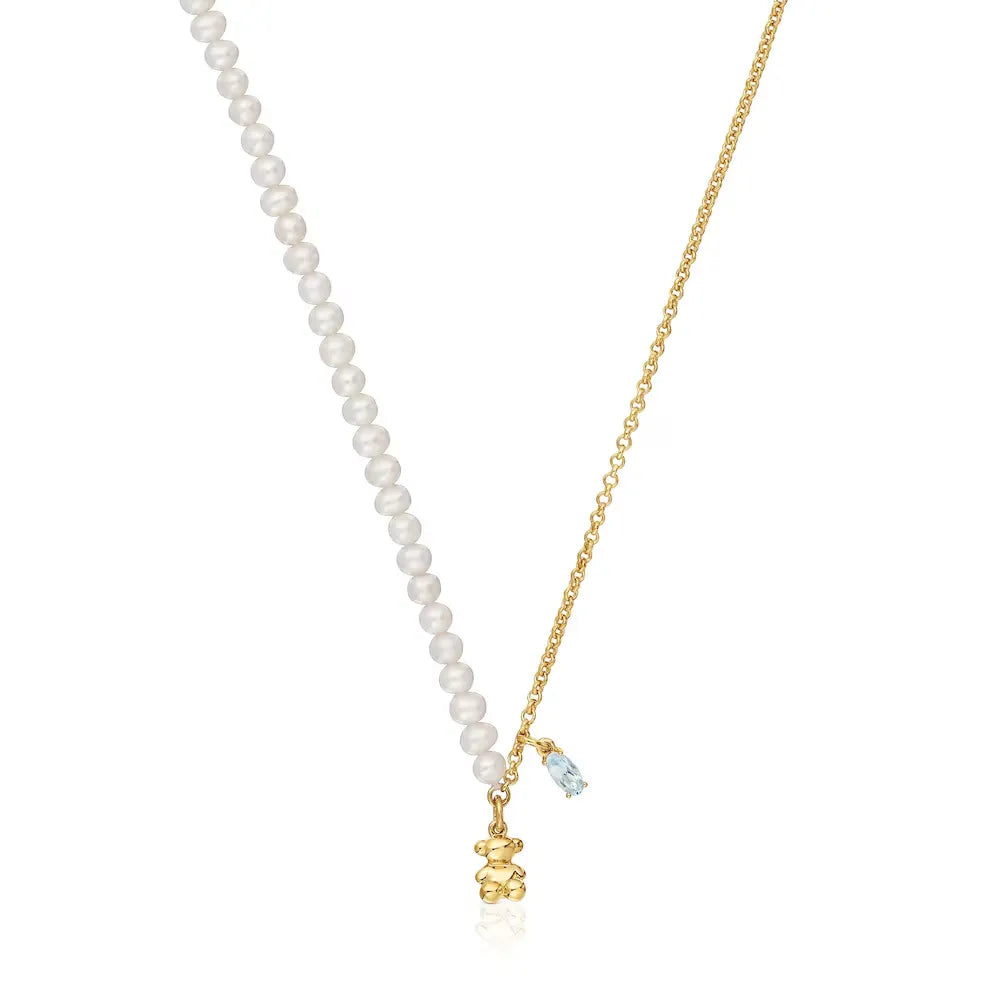 Short bear Necklace with gold plating over silver, cultured pearls and topaz Bold Bear
