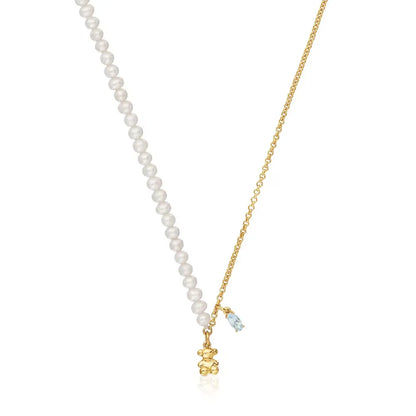 Short bear Necklace with gold plating over silver, cultured pearls and topaz Bold Bear