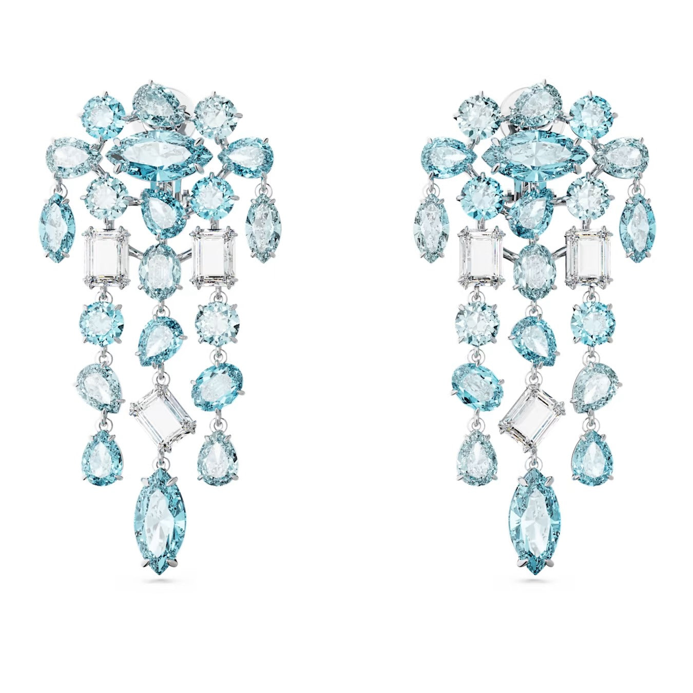 Gema clip earrings Mixed cuts, Chandelier, Extra long, Blue, Rhodium plated