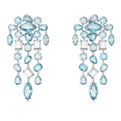 Gema clip earrings Mixed cuts, Chandelier, Extra long, Blue, Rhodium plated