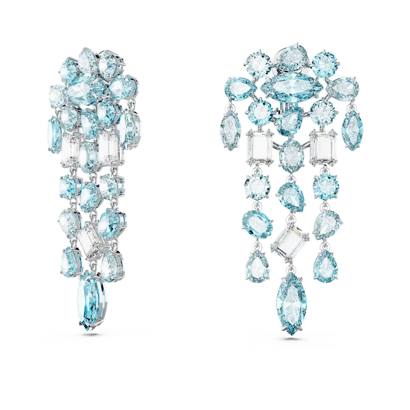 Gema clip earrings Mixed cuts, Chandelier, Extra long, Blue, Rhodium plated