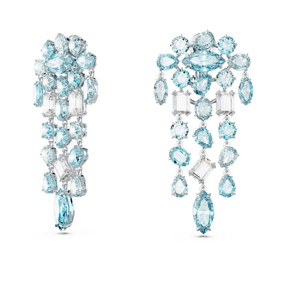 Gema clip earrings Mixed cuts, Chandelier, Extra long, Blue, Rhodium plated