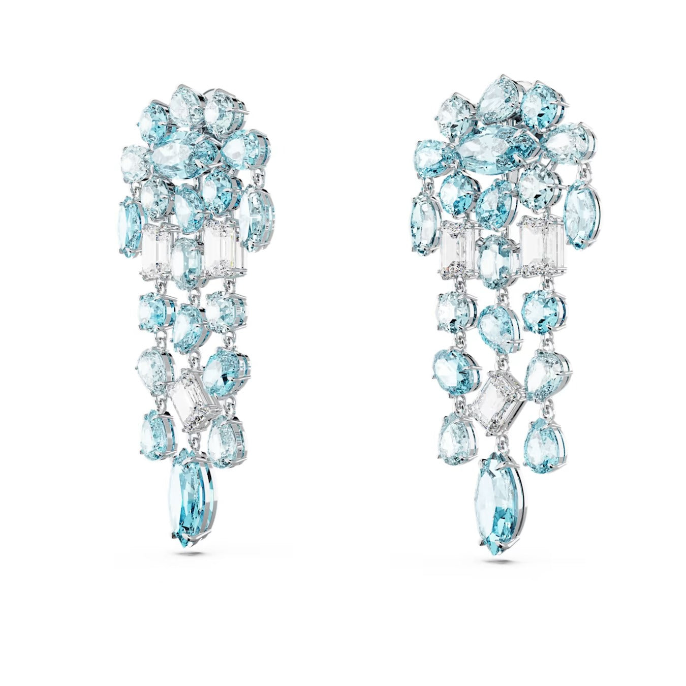 Gema clip earrings Mixed cuts, Chandelier, Extra long, Blue, Rhodium plated
