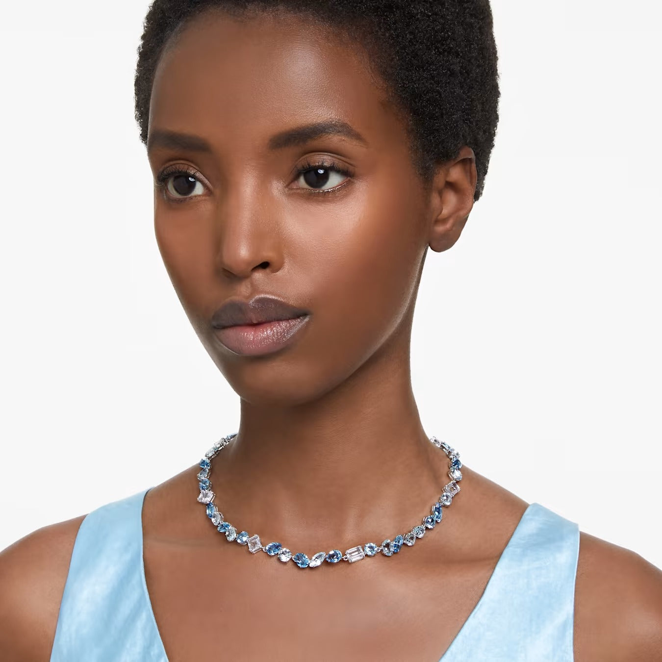 Gema necklace Mixed cuts, Blue, Rhodium plated