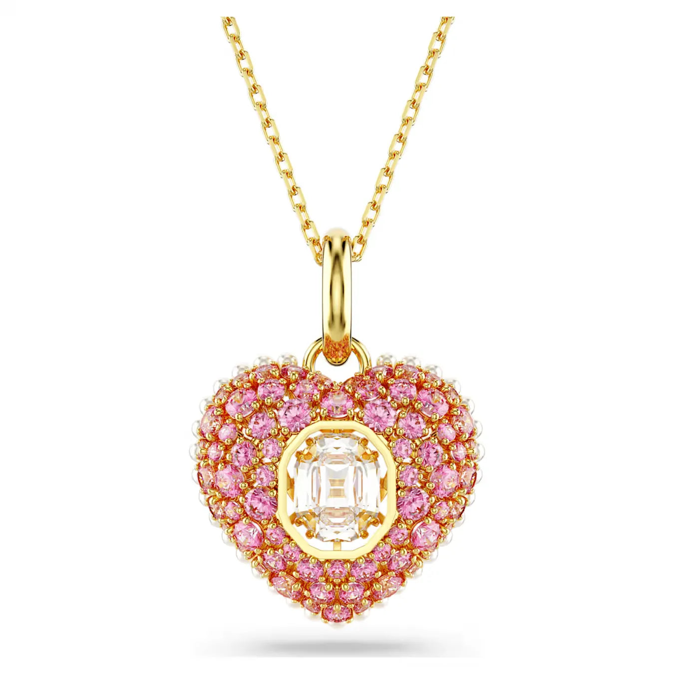 Idyllia Pendant Necklace, Octagon cut, Crystal pearls, Heart, Pink, Gold-tone plated