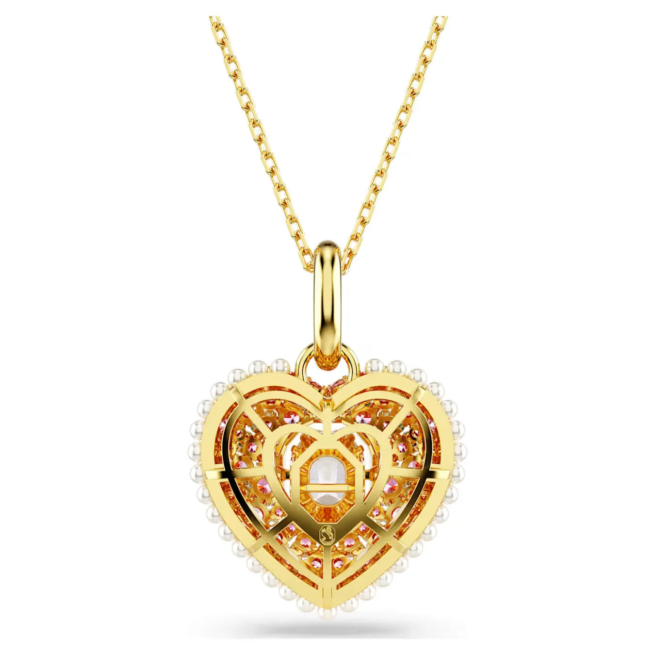 Idyllia Pendant Necklace, Octagon cut, Crystal pearls, Heart, Pink, Gold-tone plated