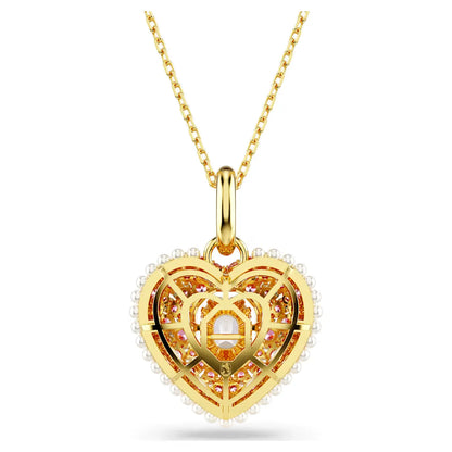 Idyllia Pendant Necklace, Octagon cut, Crystal pearls, Heart, Pink, Gold-tone plated
