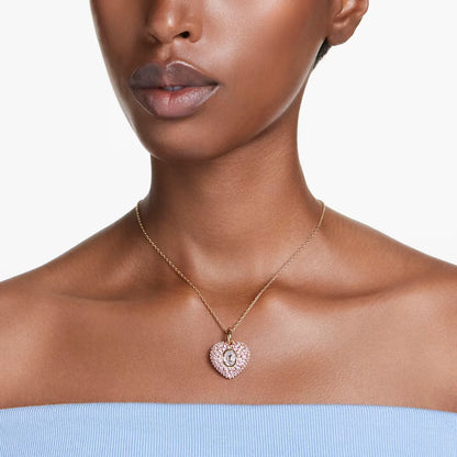 Idyllia Pendant Necklace, Octagon cut, Crystal pearls, Heart, Pink, Gold-tone plated