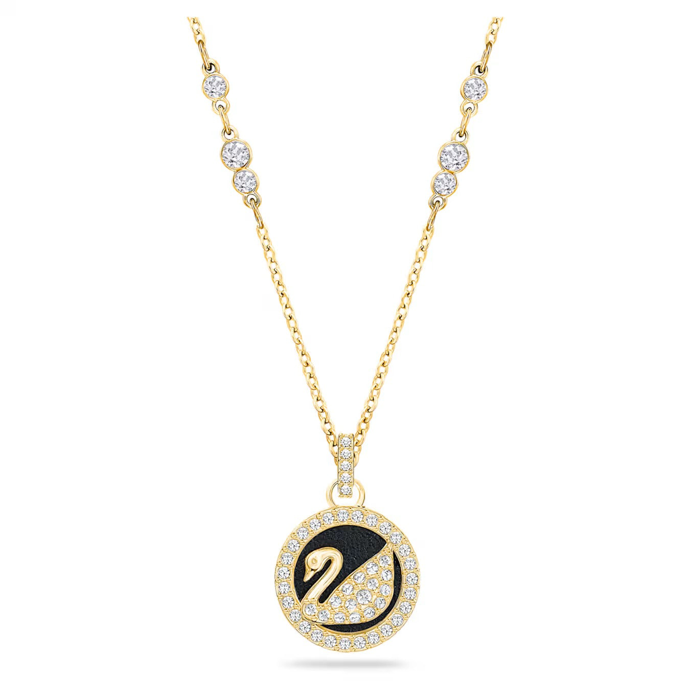 Leather Swan Pendant Necklace, Swan, Black, Gold-tone plated