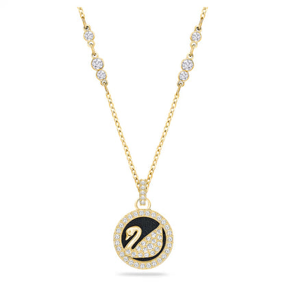 Leather Swan Pendant Necklace, Swan, Black, Gold-tone plated