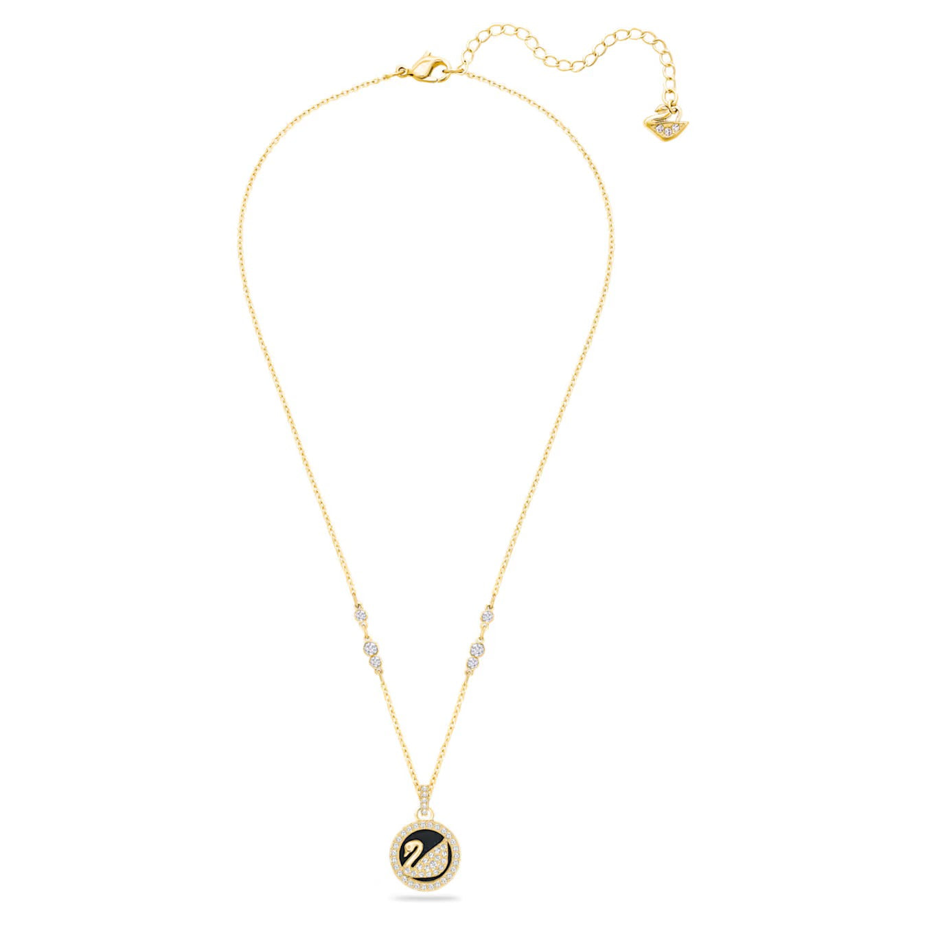 Leather Swan Pendant Necklace, Swan, Black, Gold-tone plated